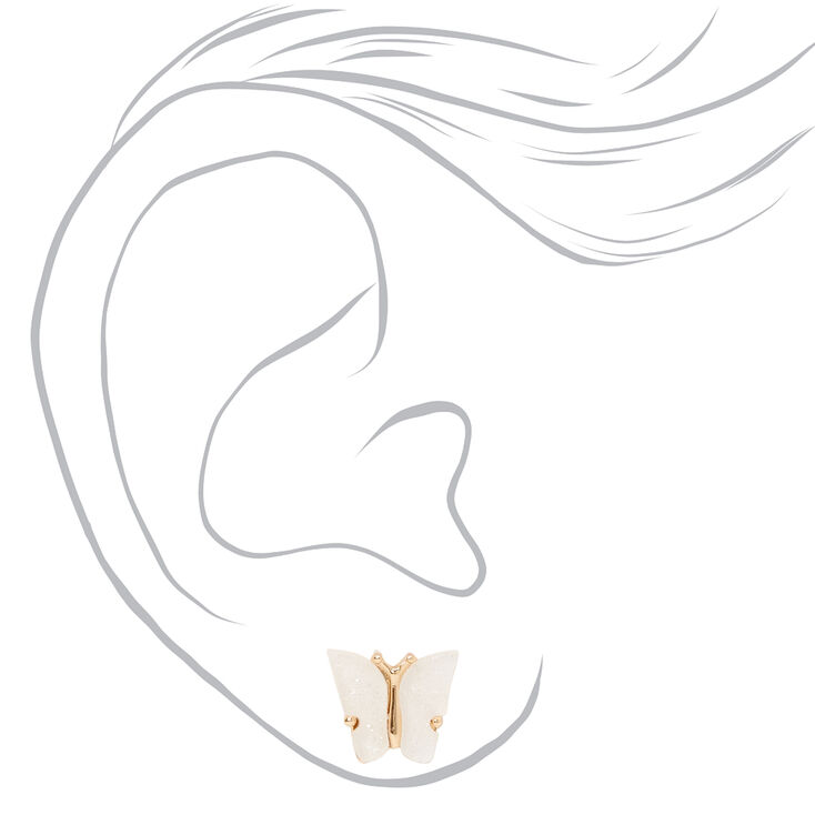 Gold Glitter Butterfly Stud Earrings - White,