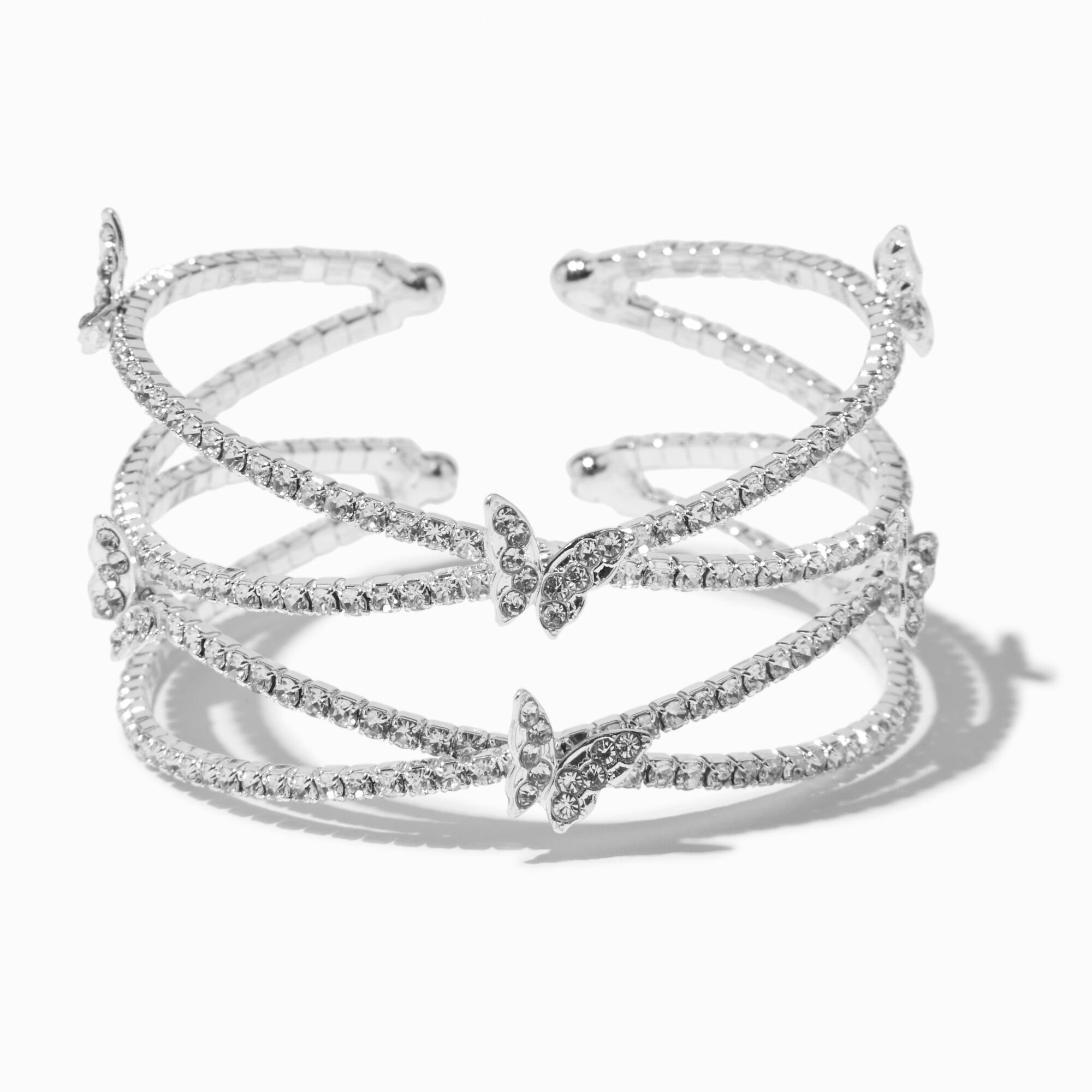 View Claires Rhinestone Butterfly Tone Criss Cross Cuff Bracelet Silver information