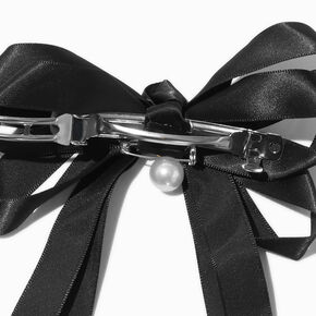 Black Satin Pearl Long Tail Bow Hair Clip,