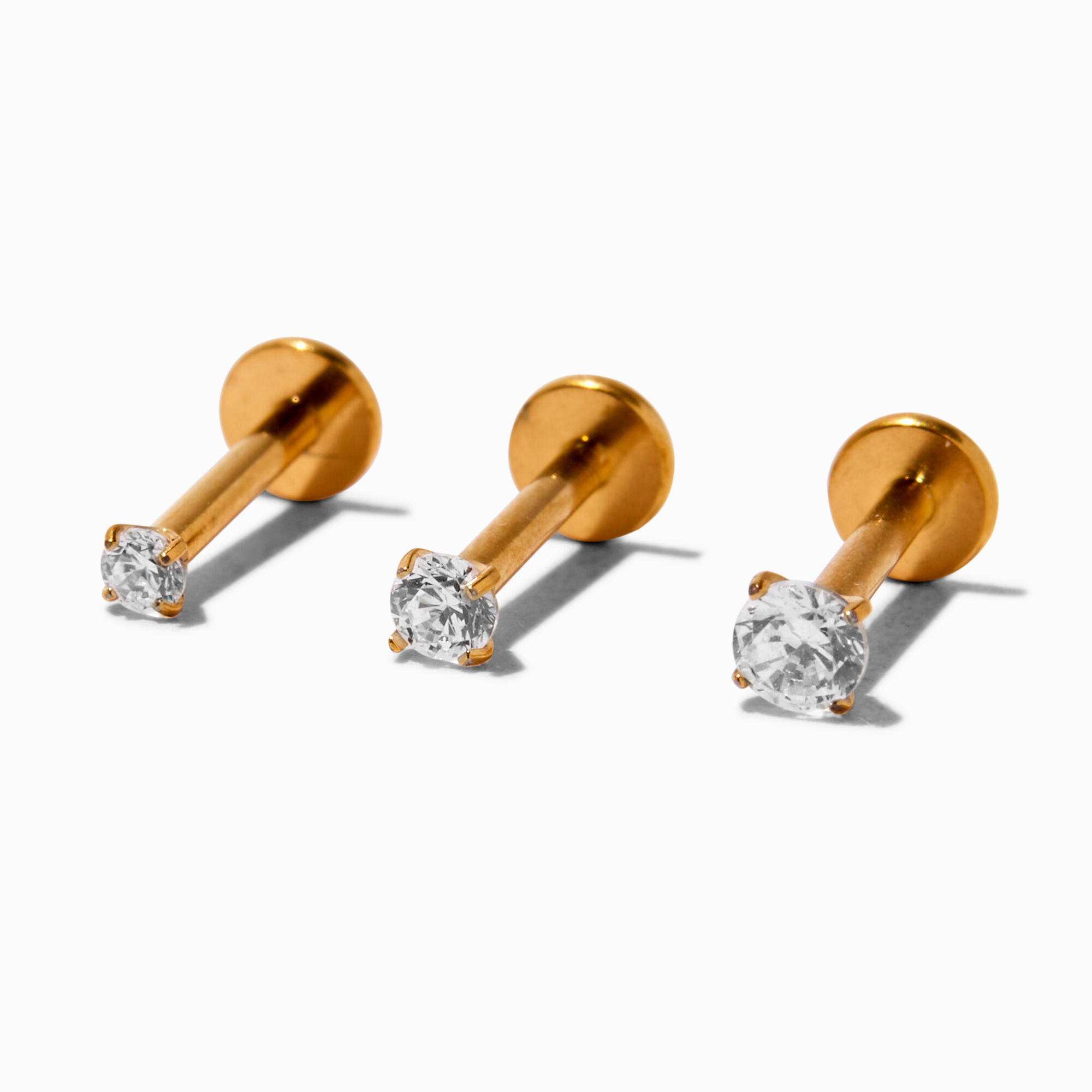 View Claires Tone 16G Crystal Labret Lip Studs 3 Pack Gold information