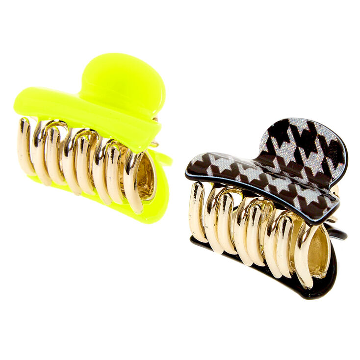 Houndstooth Mini Hair Claws - Neon Yellow, 2 Pack,