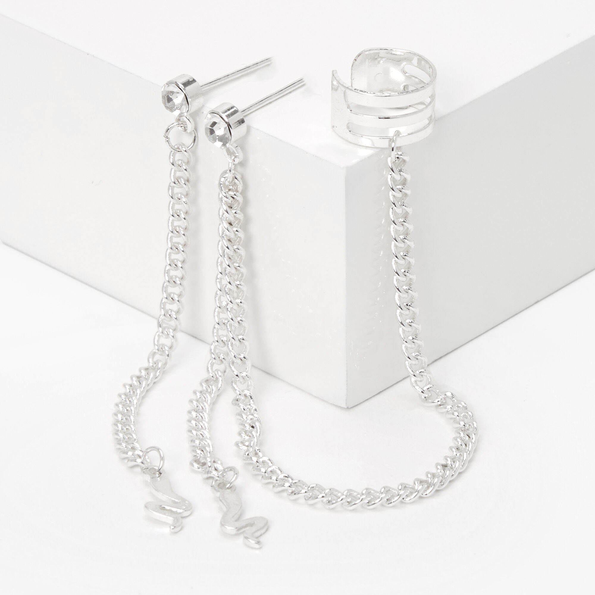 Silver Snake Linear Ear Cuff Drop Stud Earrings 3 Pack
