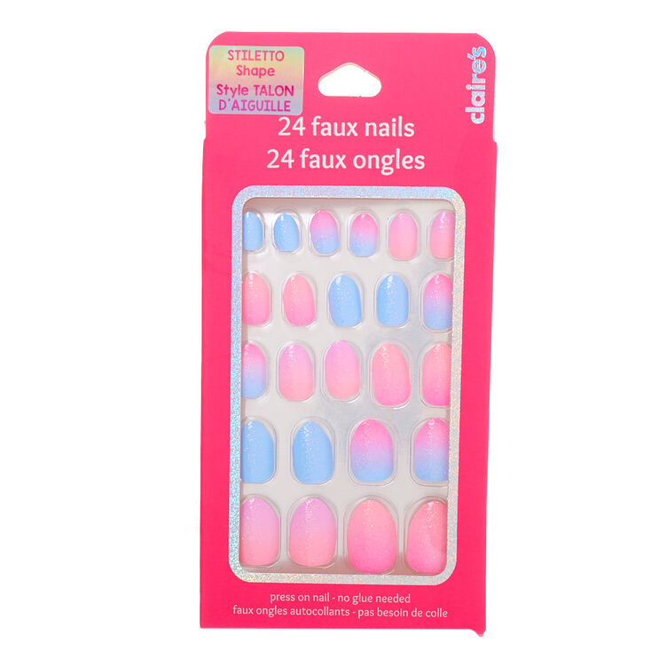  Ombre Pink &amp; Blue Glitter Stiletto Press On Faux Nail Set - 24 Pack,