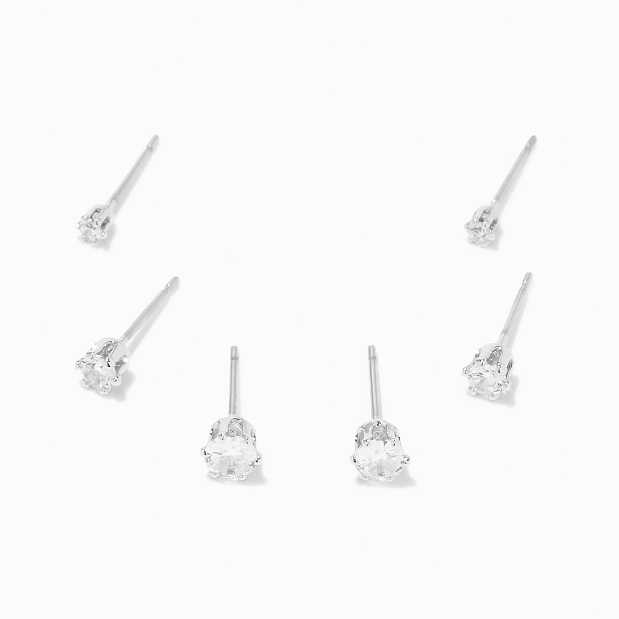 View Claires Tone Cubic Zirconia 2MM 3MM 4MM Round Stud Earrings 3 Pack Silver information