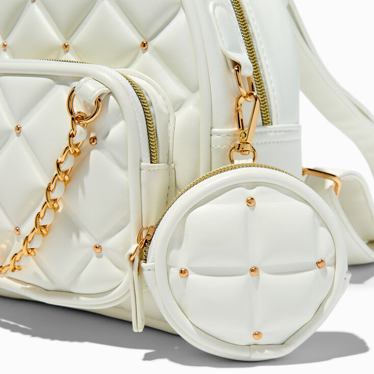 Gold-tone Studded White Quilted Small Backpack,