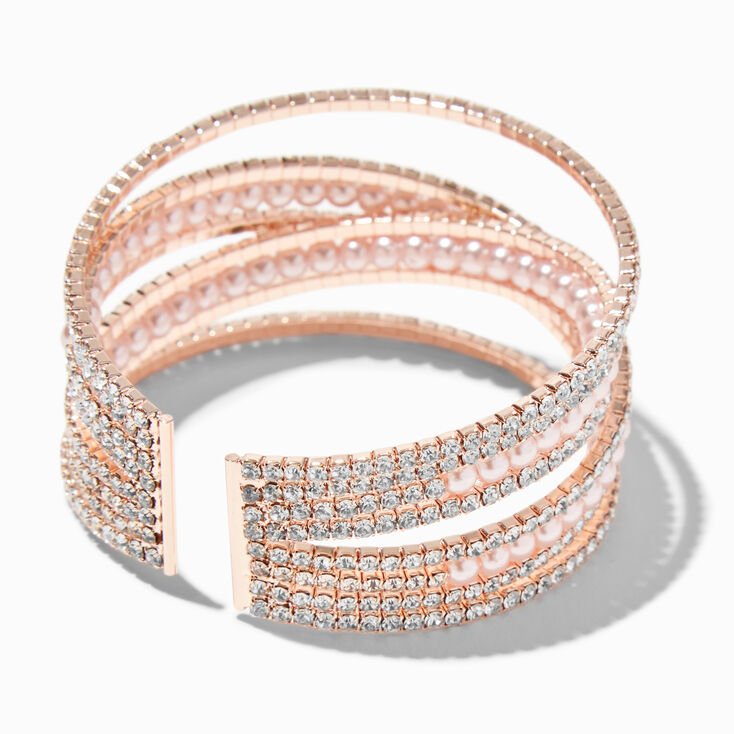 Bracelet manchette avec perles d&rsquo;imitation et strass couleur dor&eacute; rose,