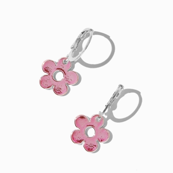Pink Anodized Daisy Huggy Hoop Earrings,
