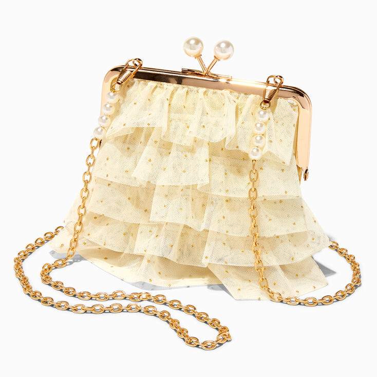 Claire&#39;s Club Special Occasion Ivory Tiered Gold Dot Crossbody Bag,