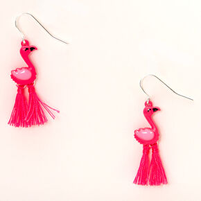 Silver 1.5&quot; Flamingo Drop Earrings - Pink,