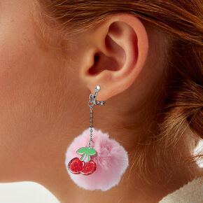 Cherry Pom Pom Clip-On Drop Earrings,