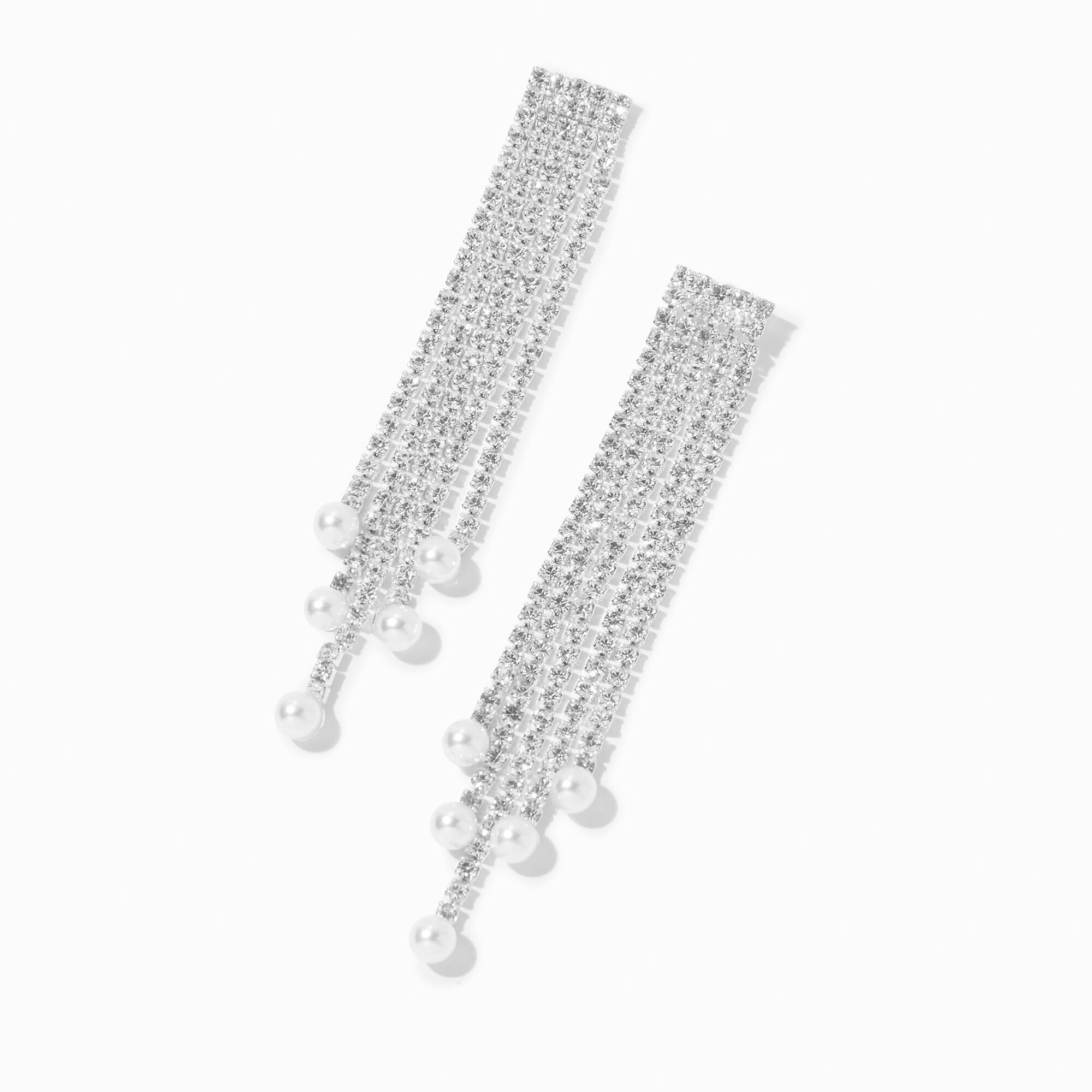View Claires Tone Crystal Fringe Pearl 25 Linear Drop Earrings Silver information