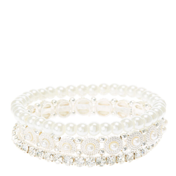 Pearl &amp; Rhinestone Stretch Bracelets - 3 Pack,