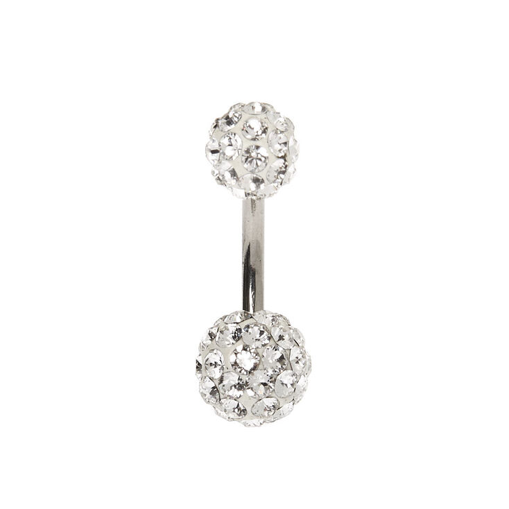 Silver 14G Crystal Fireball Belly Ring - White,