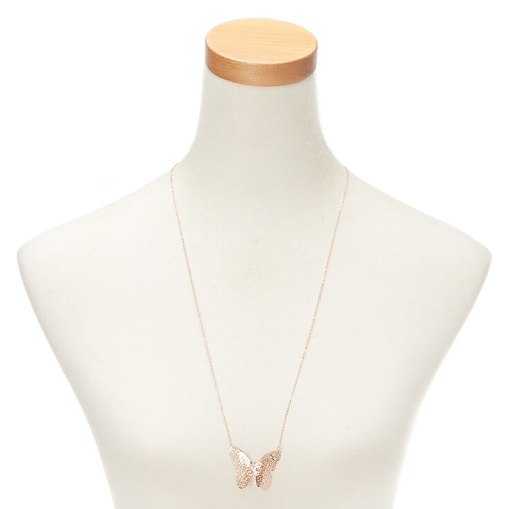 Rose Gold Filigree Butterfly Long Pendant Necklace,