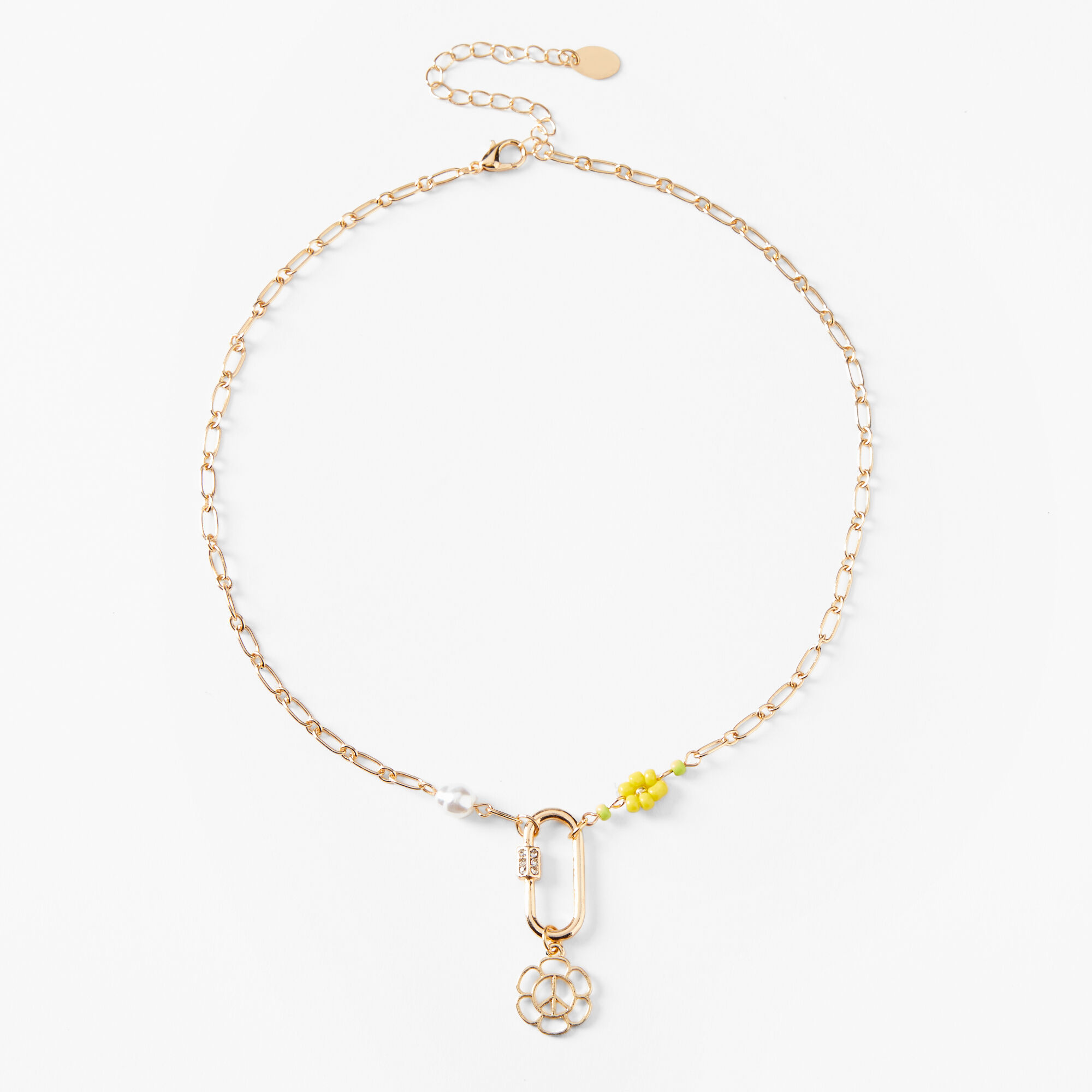 Gold Daisy Peace Sign Carabiner Pendant Necklace,