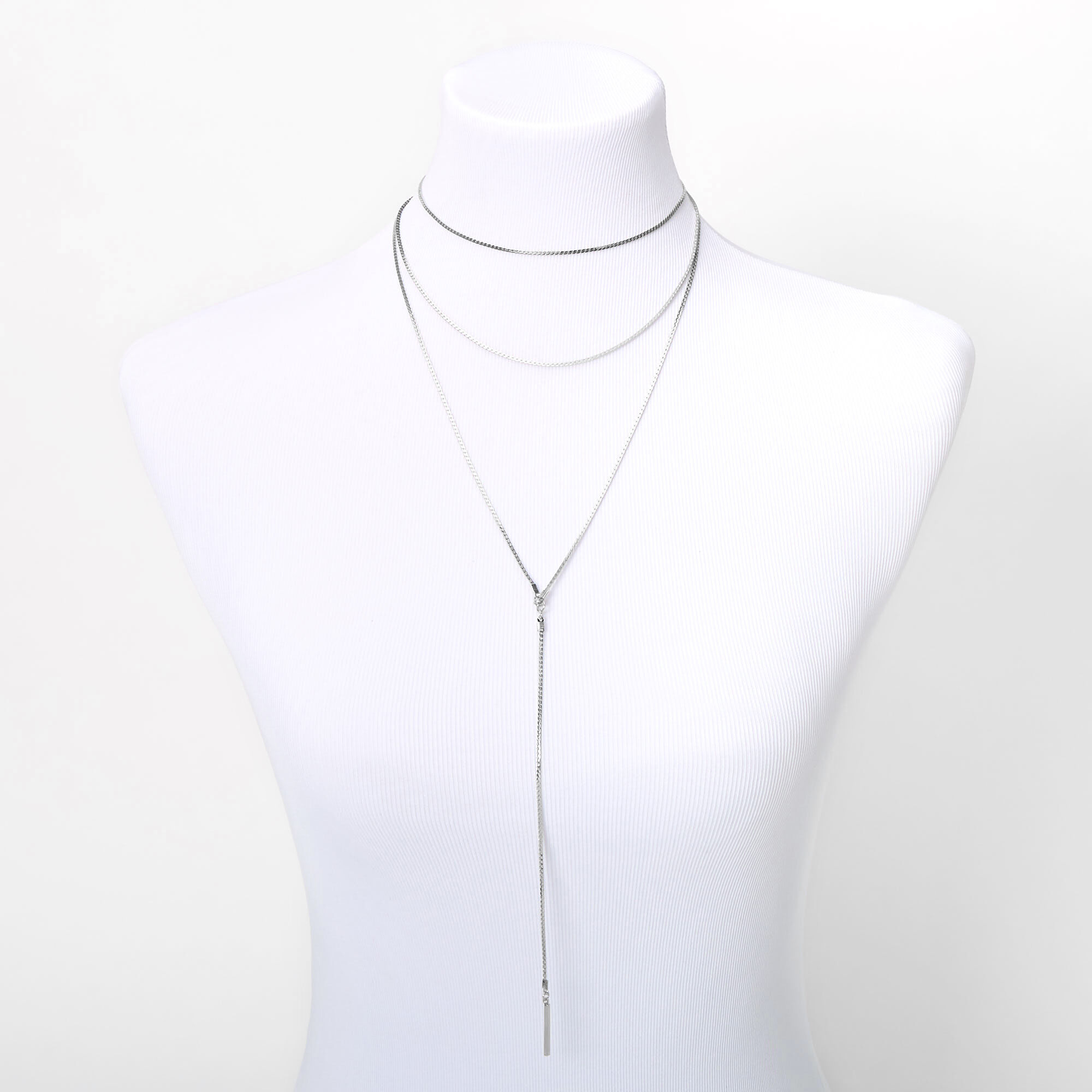 Silver Sleek Bar Pendant Multi Strand Necklace,
