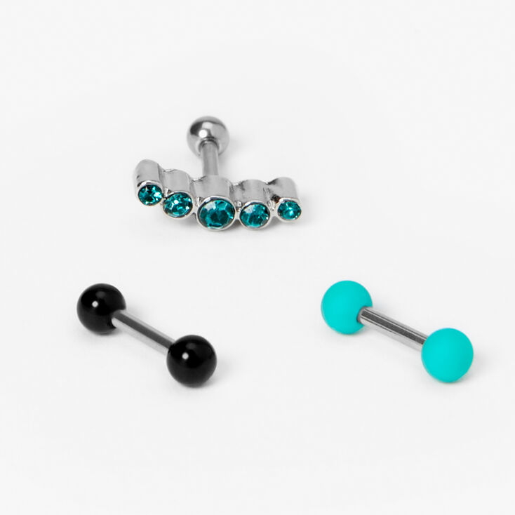 Boucles d&rsquo;oreilles pour piercing h&eacute;lix aux designs vari&eacute;s bleu sarcelle et noires - Lot de 3,