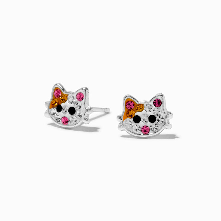 Sterling Silver Crystal Cat Stud Earrings,