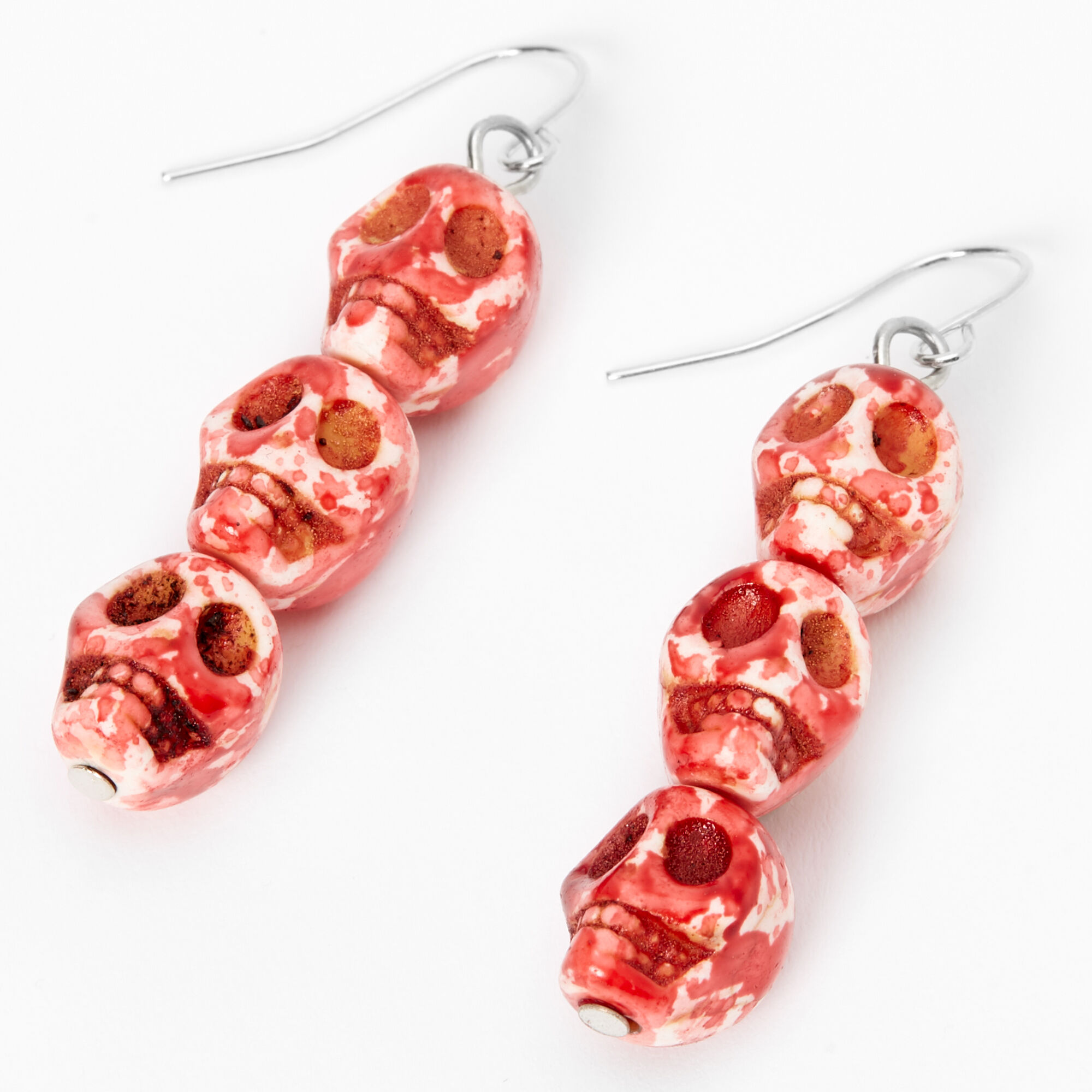 Silver 1.5" Blood Skull Drop Earrings,