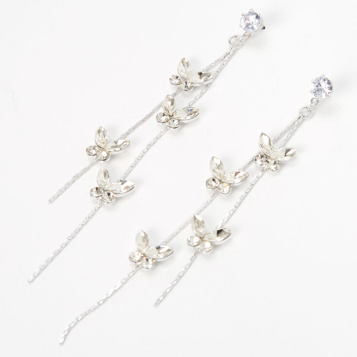 Cubic Zirconia Butterflies 3&quot; Silver Linear Drop Earrings,