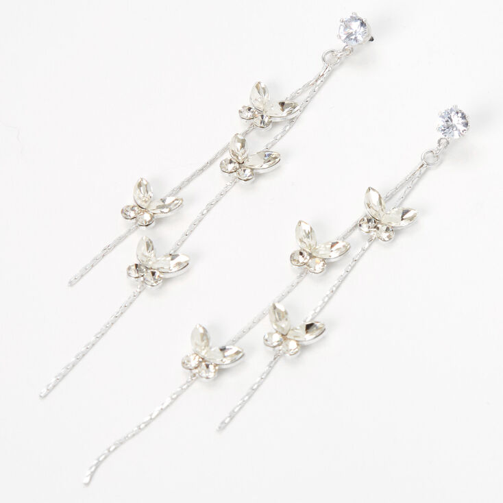 Cubic Zirconia Butterflies 3&quot; Silver Linear Drop Earrings,