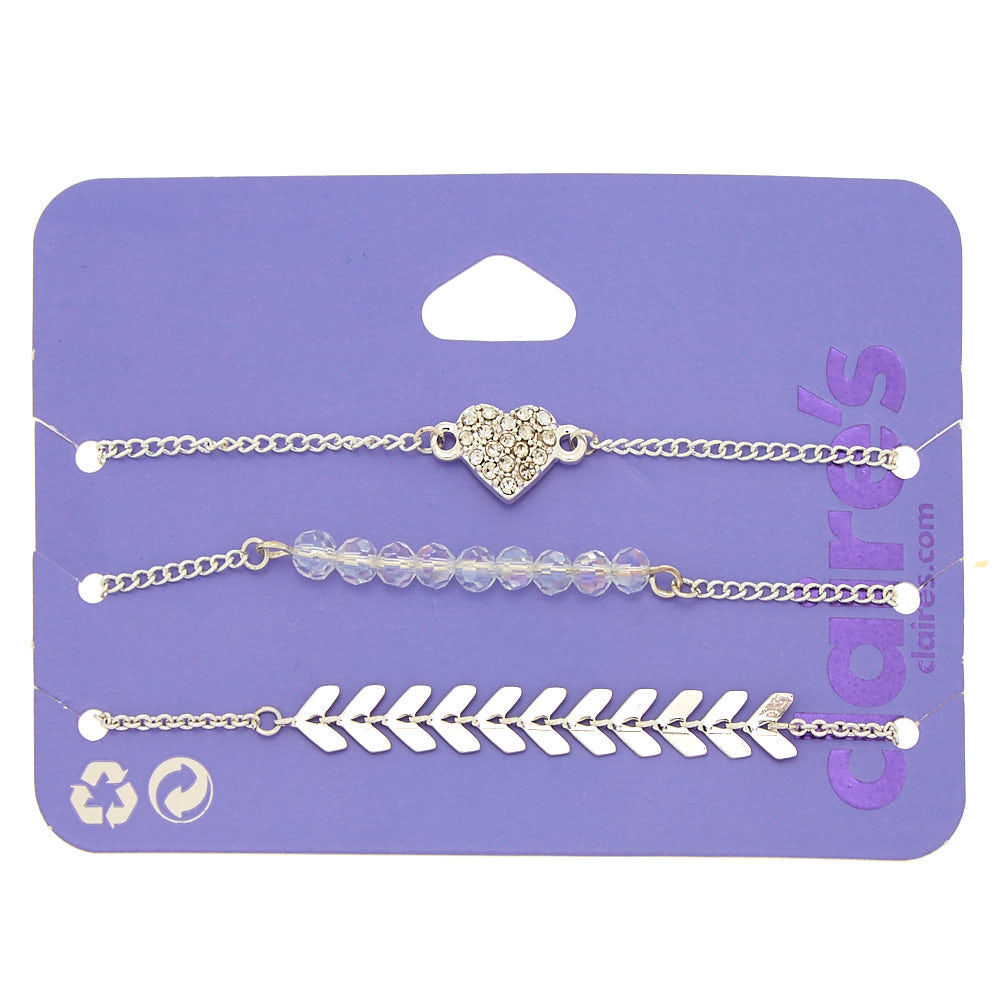 Silver Chevron Heart Chain Bracelets 3 Pack Claire s