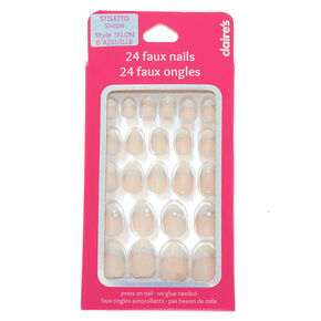 Glitter French Tip Stiletto Press On Faux Nail Set - Nude, 24 Pack,