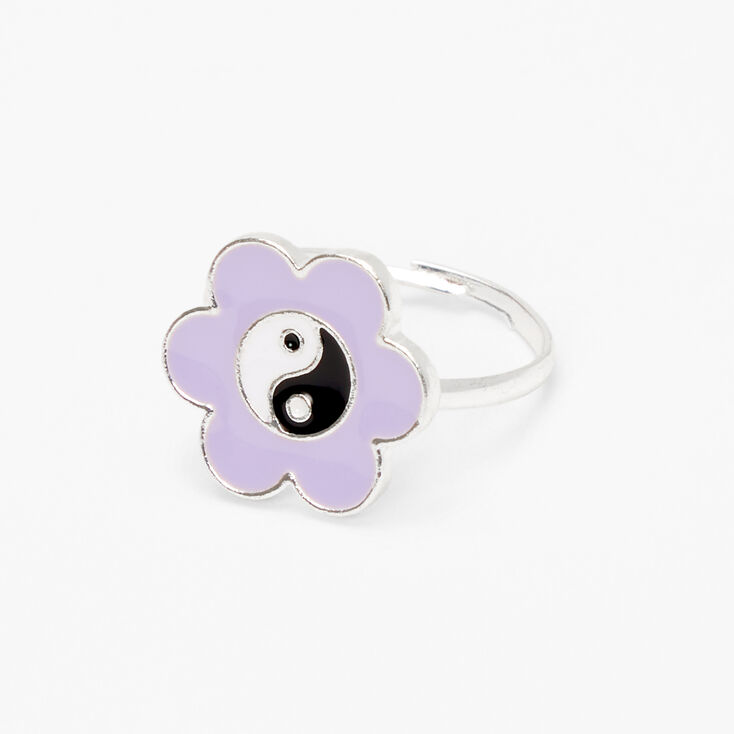 Silver Yin-Yang Flower Ring - Purple,