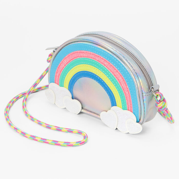 Claire&#39;s Club Silver Holographic Rainbow Crossbody Bag,