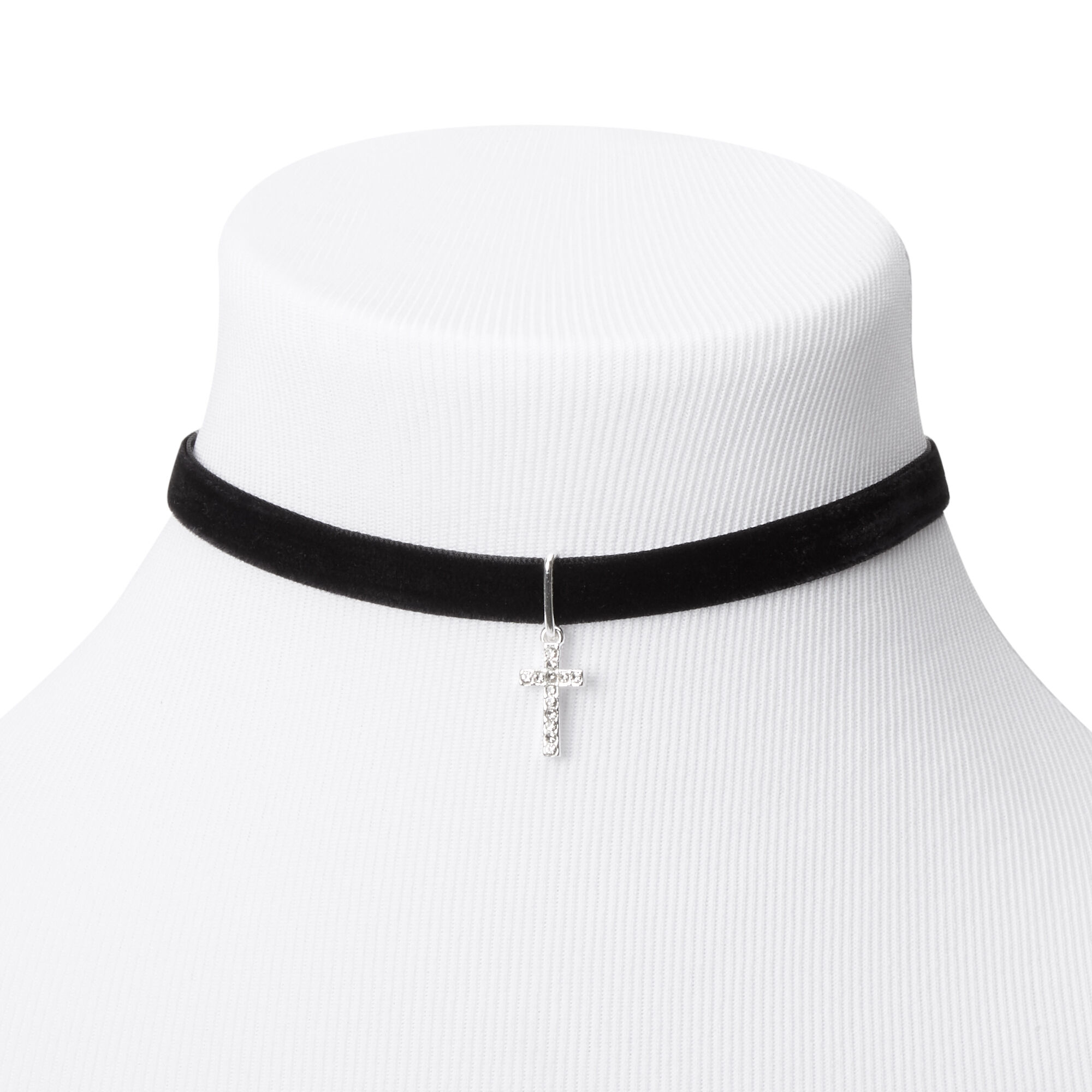 View Claires Silver Cross Velvet Choker Necklace Black information