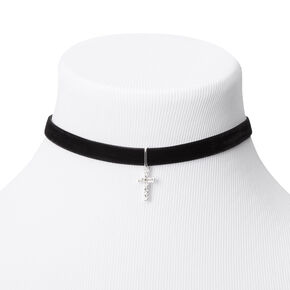 Silver Cross Velvet Choker Necklace - Black,