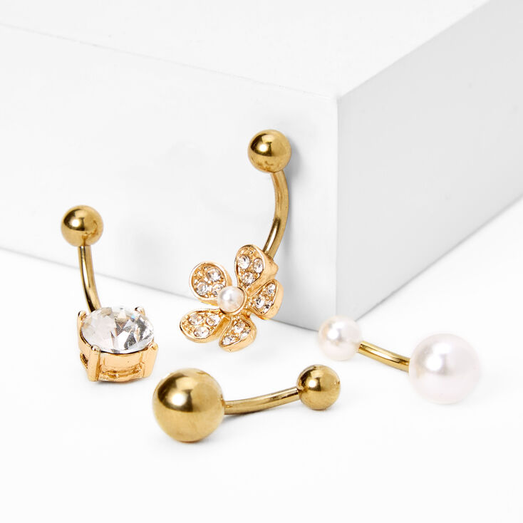 Gold 14G Crystal Flower Belly Ring Set - 4 Pack,
