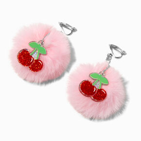 Cherry Pom Pom Clip-On Drop Earrings,