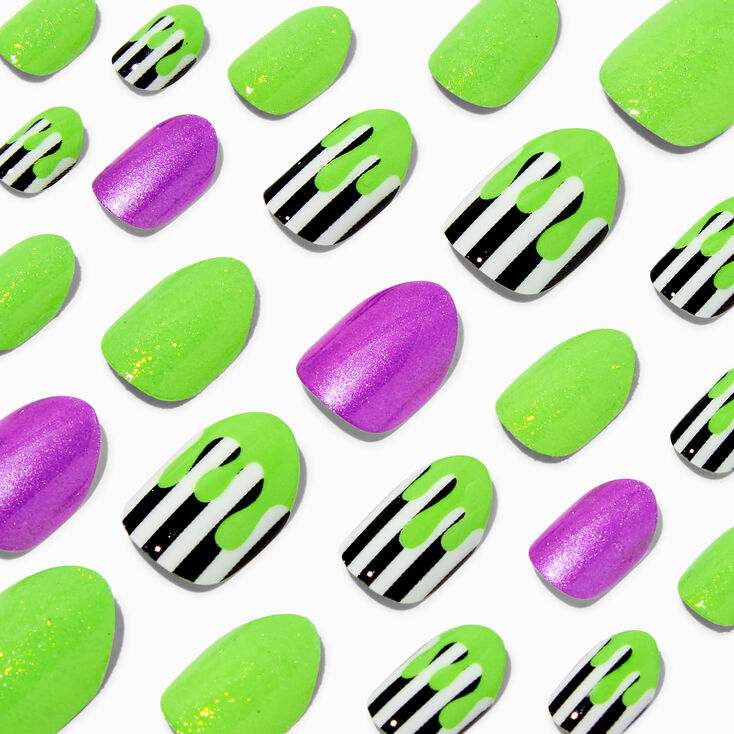 Faux ongles vegan autocollants stiletto fluo effet goutte - Lot de 24,