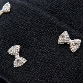 Rhinestone Bow Black Beanie Hat,