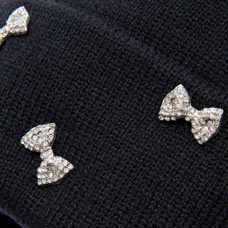 Rhinestone Bow Black Beanie Hat,
