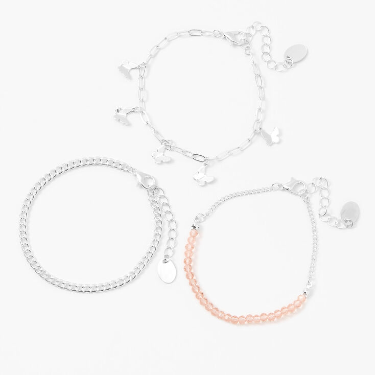 Silver Butterfly Pink Beaded Chain Bracelets &#40;3 Pack&#41;,
