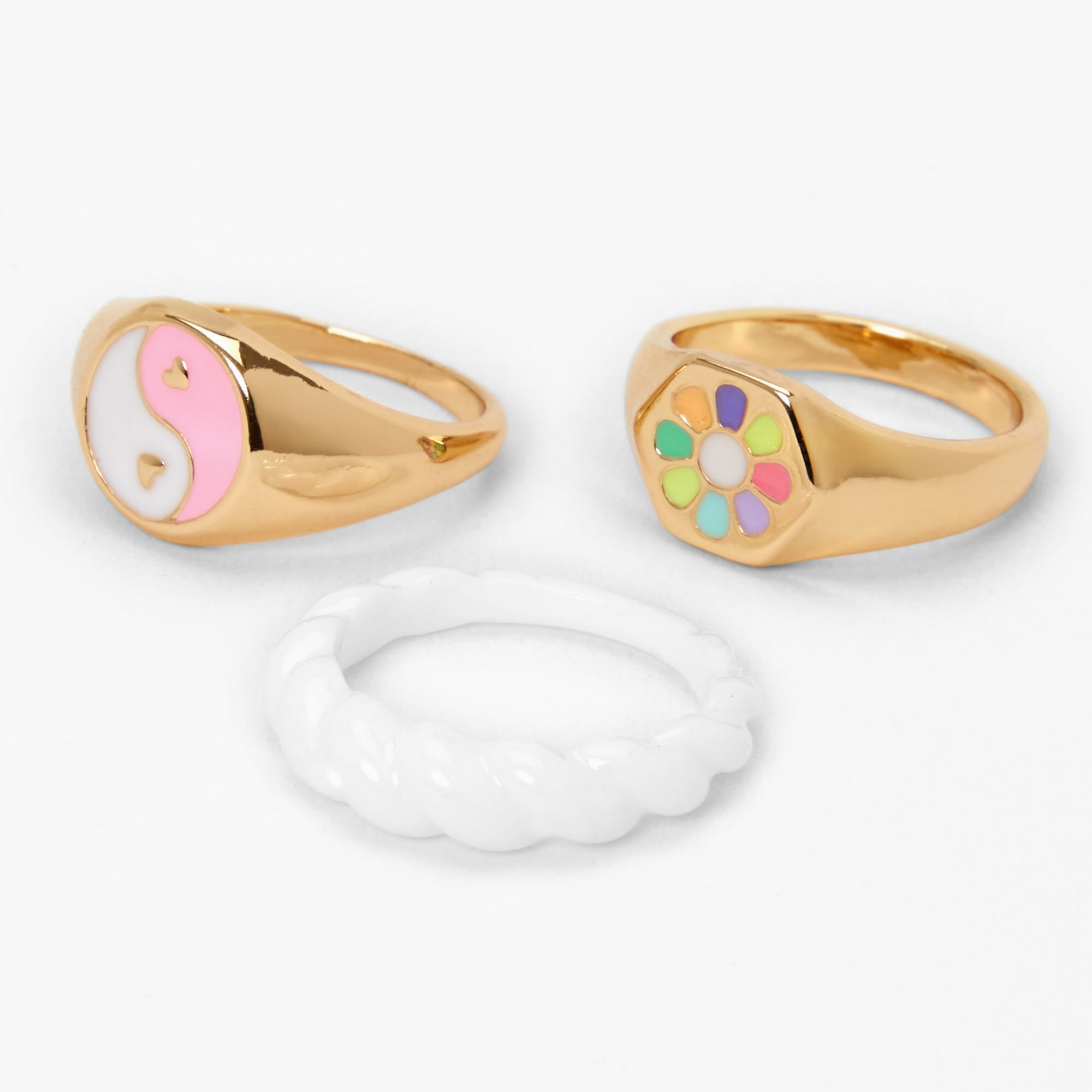View Claires 90S Cool Rings Set 3 Pack Gold information