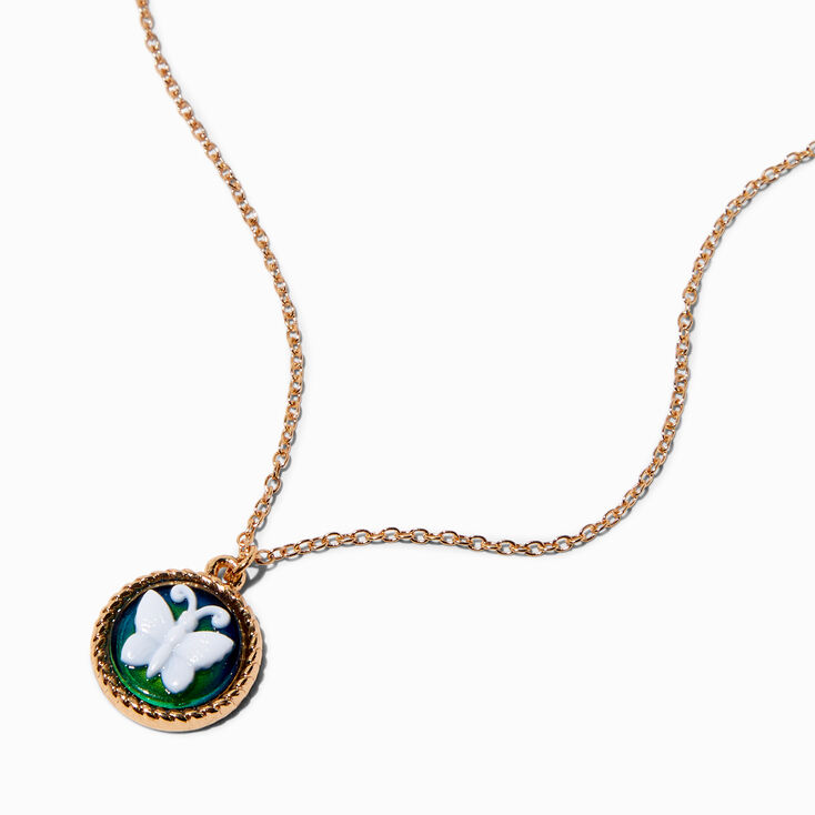 Gold-tone Butterfly Cameo Mood Pendant Necklace,