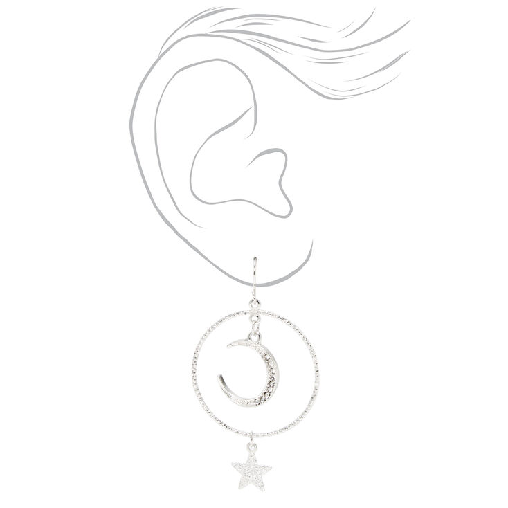 Silver 2.5&quot; Crescent Moon Star Hoop Earrings,