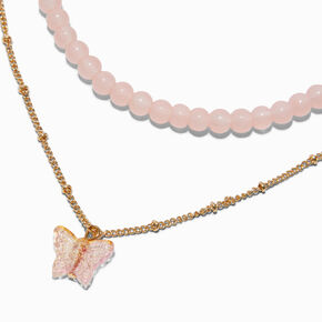 Gold-tone Pink Butterfly &amp; Beaded Multi Strand Necklace,