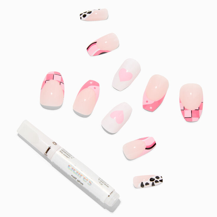 Trendy Pink Checkered Coffin Vegan Faux Nail Set &#40;24 Pack&#41;,