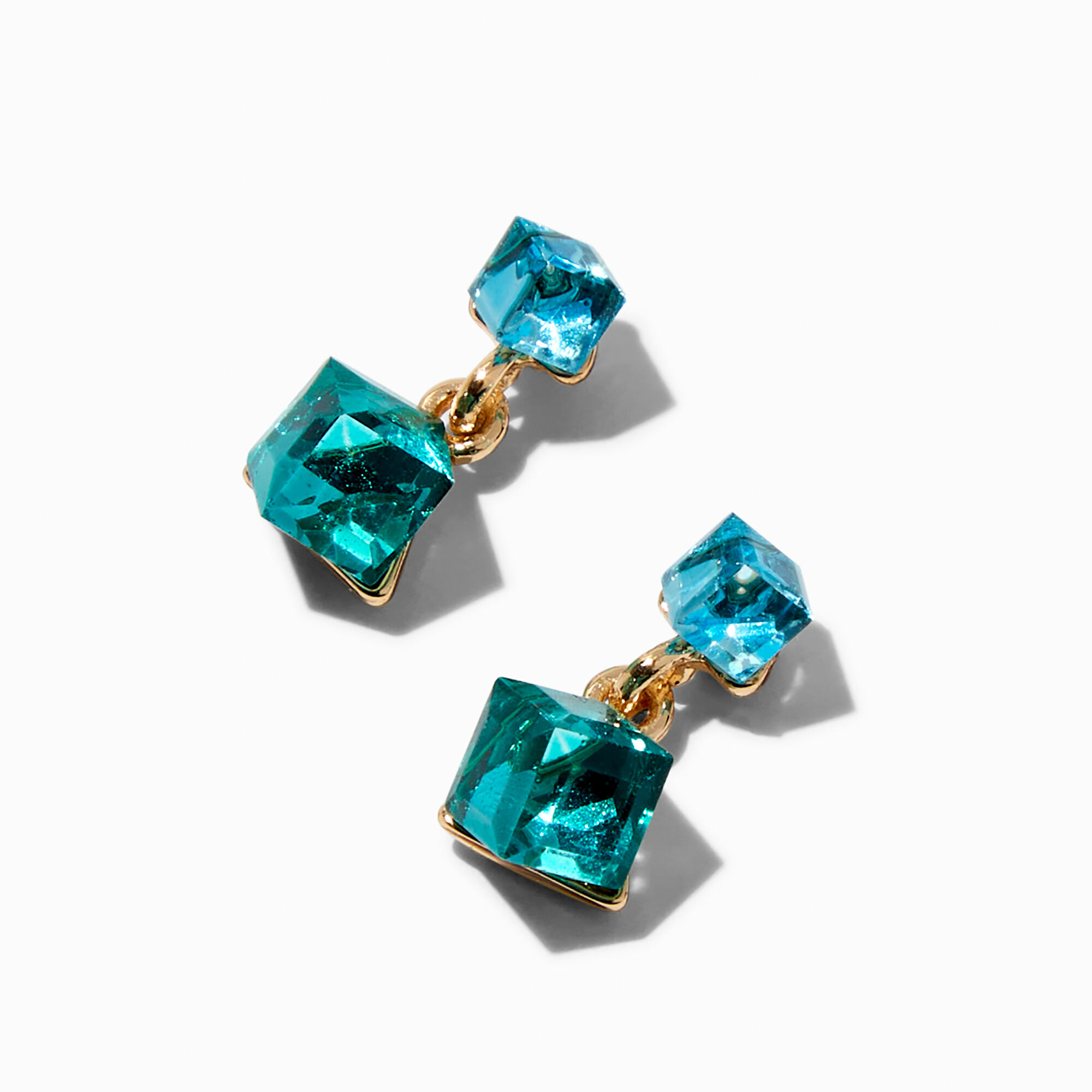 Teal Green Crystal Double Cube 0.5" Drop Earrings,
