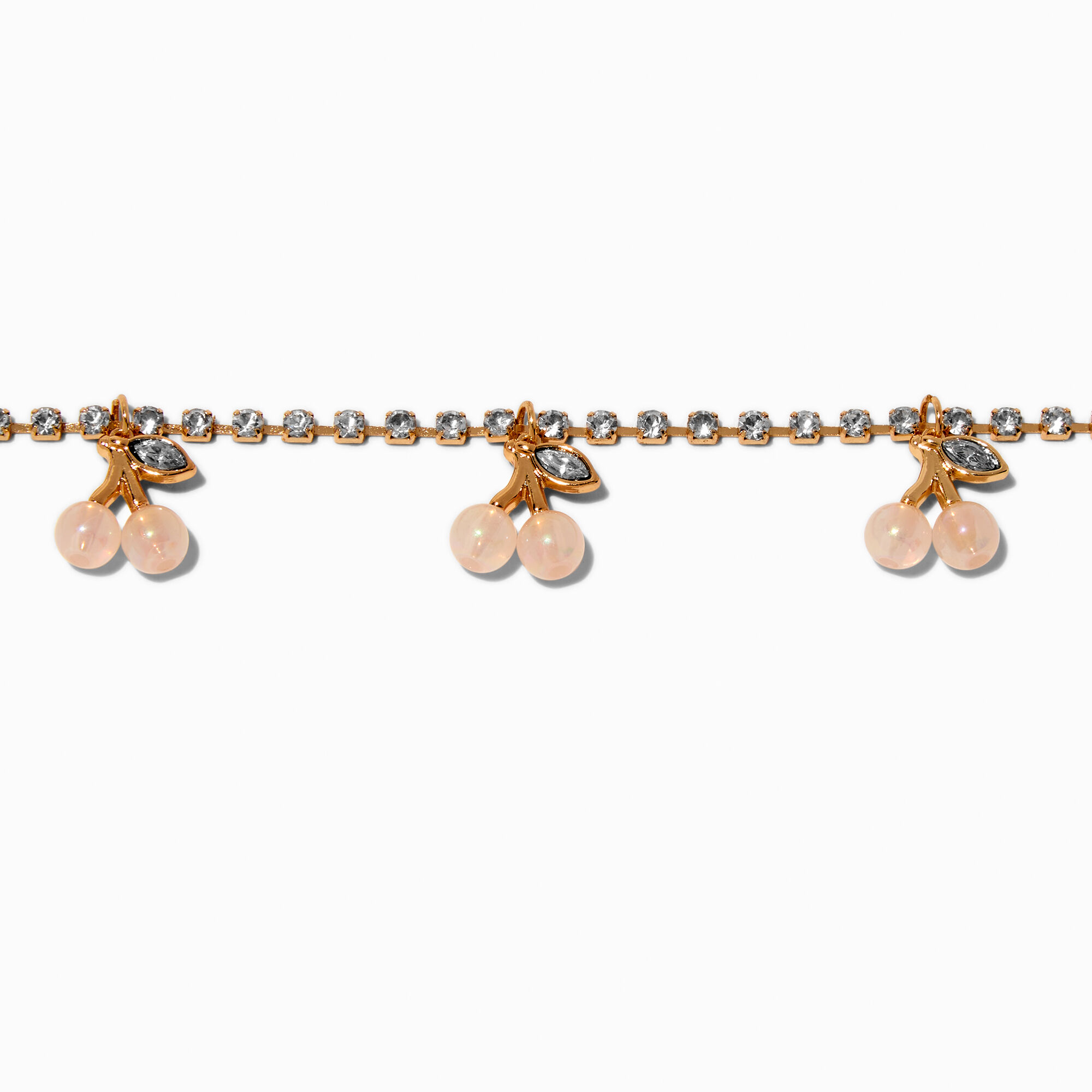 Gold-tone Crystal Cup Chain Pearlized Cherry Charm Bracelet,