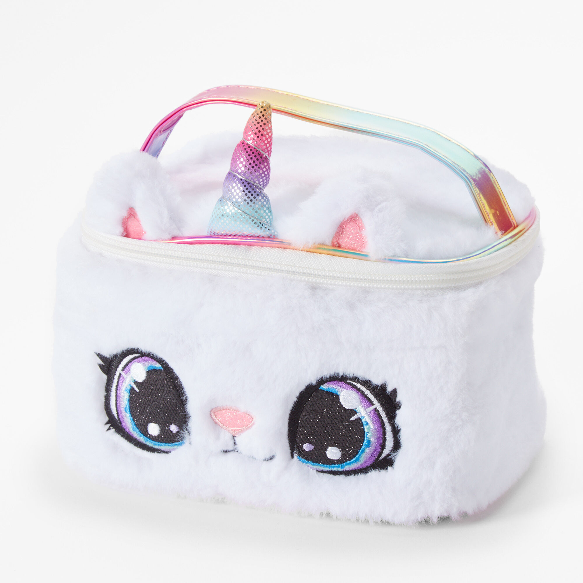 View Claires Furry Rainbow Caticorn Makeup Bag White information