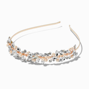 Rose Gold-tone Crystal Leaf &amp; Pearl Headband,