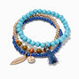 Turquoise Tassel &amp; Gold Leaf Beaded Stretch Bracelets - 3 Pack,