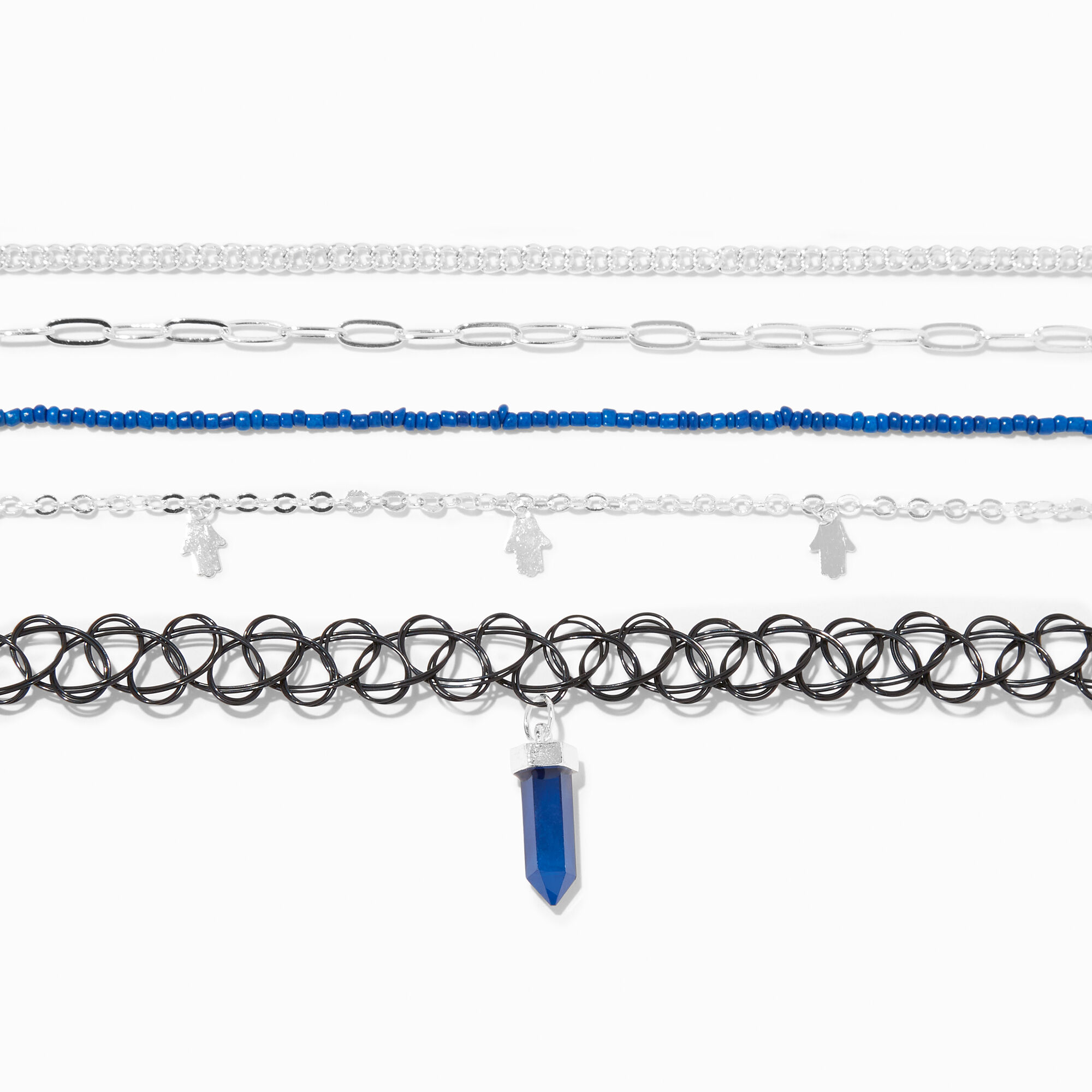 View Claires Lapis Mystical Gem Silver Hamsa Choker Necklaces 5 Pack Blue information