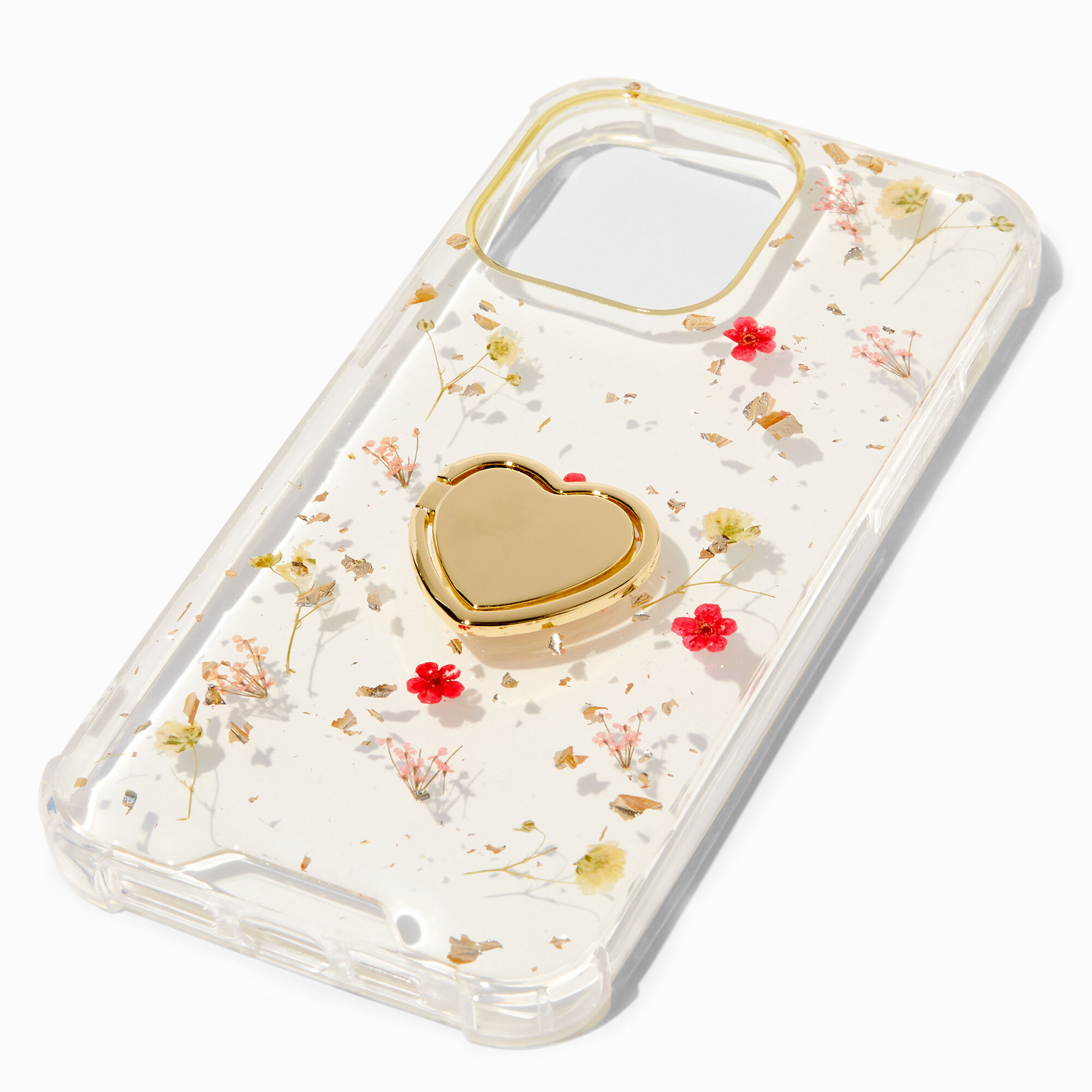 View Claires Heart Ring Holder Pressed Flowers Phone Case Fits Iphone 14 Pro Max Gold information