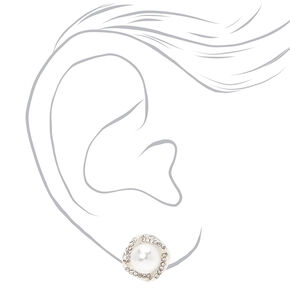 Silver Embellished Halo Pearl Stud Earrings,